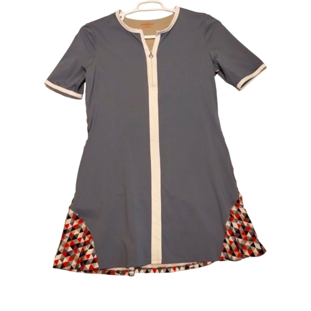 Kinona Geometric Print Shift Dress Size‎ M Gray Quater-Zip Short Sleeve Casual